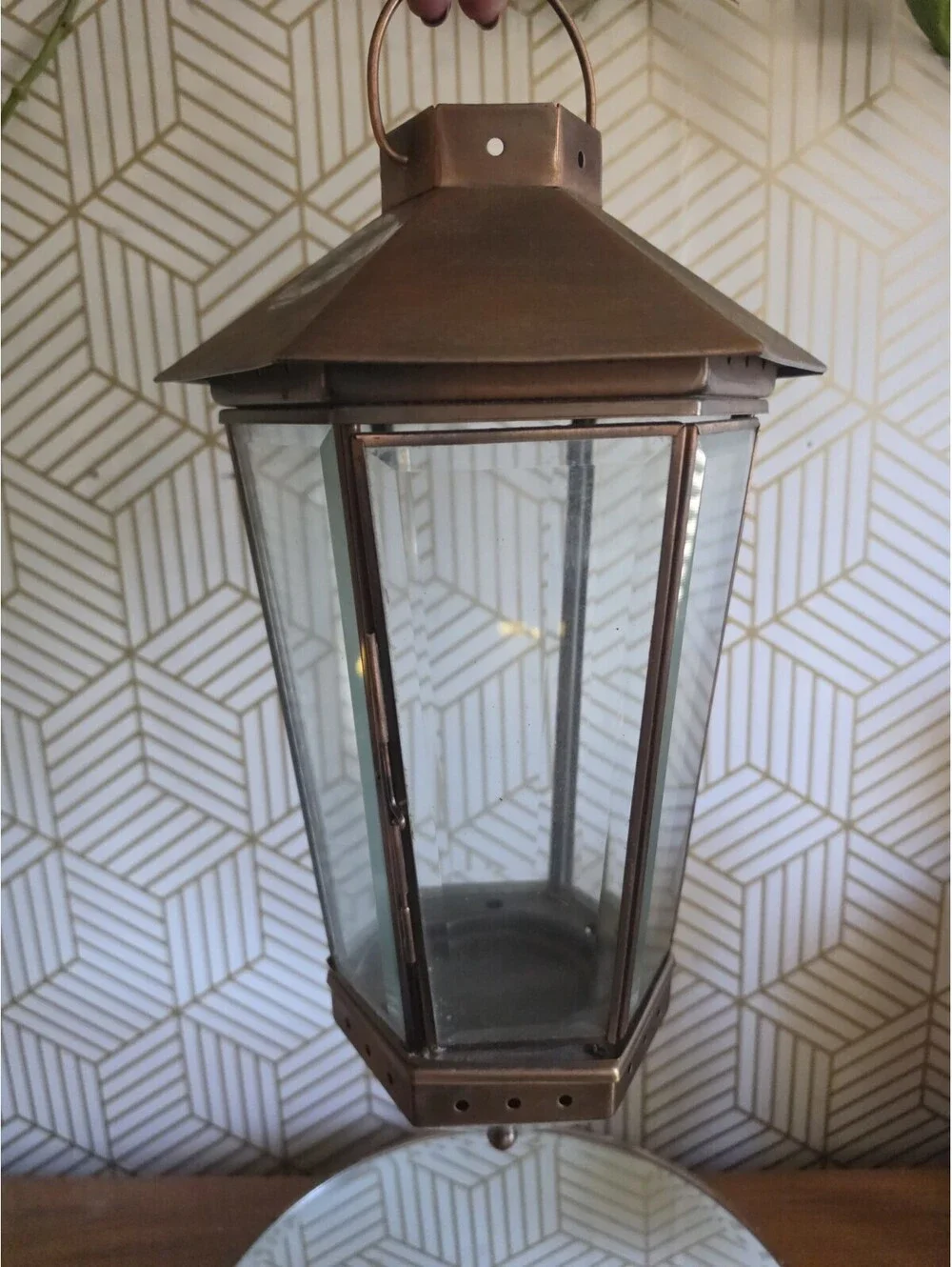 Vintage Brass Hexagonal Hanging Candle Lantern Pendant